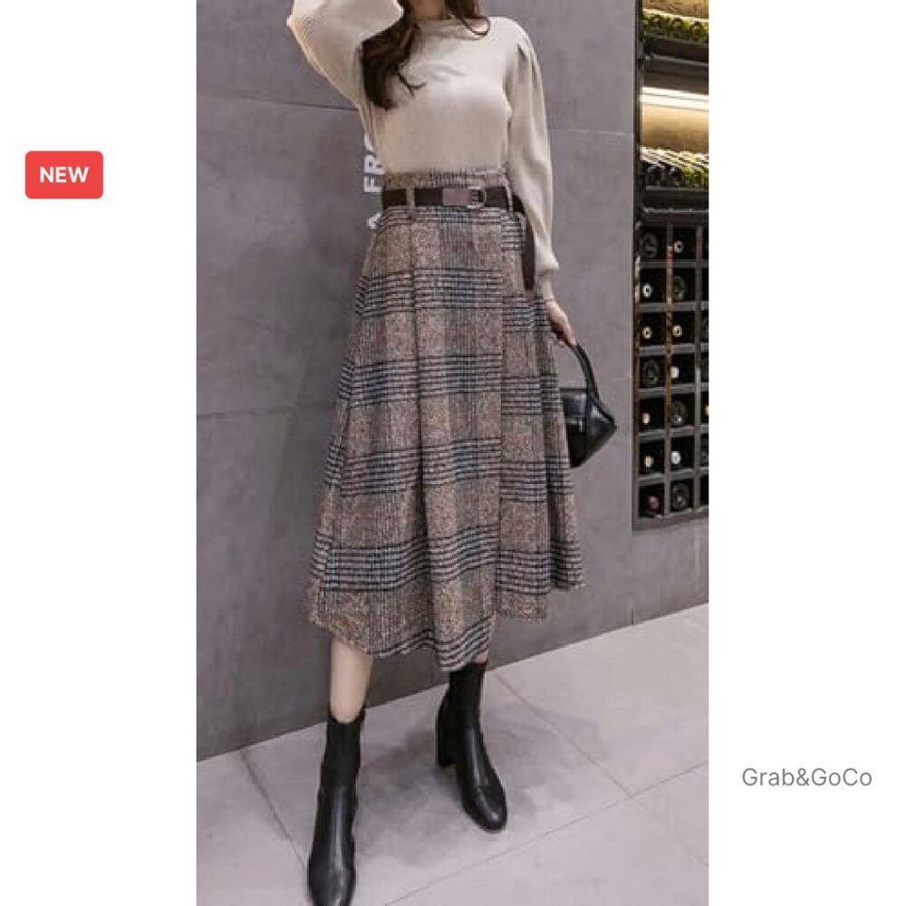 Vintage Plaid Wool Blend Midi Skirt A-Line Retro Chic Elegant Belted - Picture 6 of 6
